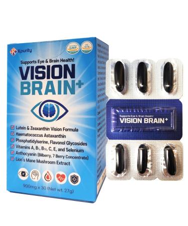 KPurity VisionBrain+ Eye & Brain Health Supplement with Lutein & Zeaxanthin - Enhances Memory Focus and Brain Performance - 30-Day Supply Softgels (1 Box VisionBrain+)