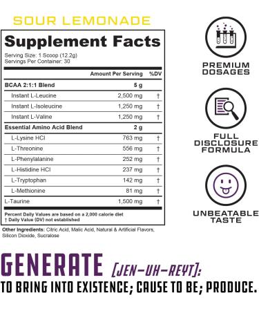 Generate EAA and BCAA Powder | Best BCAAs & Essential Amino Acids Supplement | 5g BCAAs, 2g EAAs | Sour Lemonade | 30 Servings - Buy Online on GoSupps.com