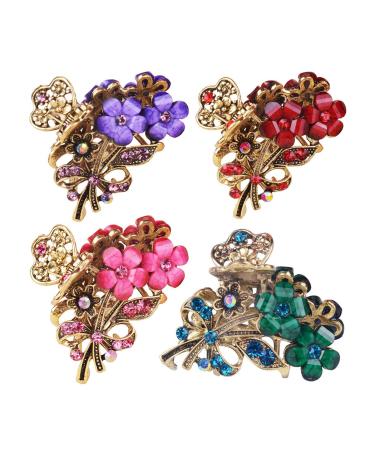 Numblartd 4 Pcs Vintage Flowers Medium Size Fancy Hair Claw Jaw Clips Pins with Rhinestone - Chic Metal Alloy Hair Clamp Hair Updo Grip Hair Accessories for Women Medium Hair