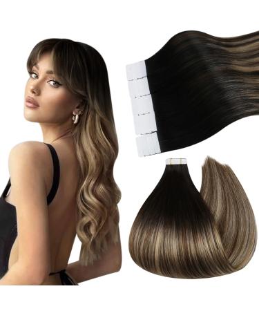 Ugeat 35cm hair extension real hair tape 20 pieces invisible tape extensions real hair 40gram black to dark brown and caramel blonde 1b/4/27 tape extensions adhesive tape 35 cm #1b/4/27