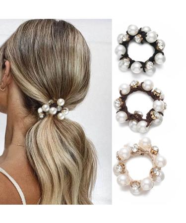 Bartosi Pearl Hair Ties Black Elastic Hair Scrunchies Crystal Hair Tie Beaded Hair Ring Ropes Cute Ponytail Holder Rhinestone Hair Bands Scrunchy Hair Accessories for Women and Girls (Pack of 3)