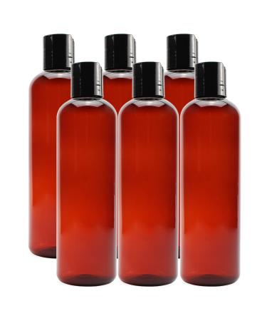 8oz Empty Plastic Bottles with Disc Top Flip Cap (6 pack) BPA-Free Containers For Shampoo, Lotions, Liquid Body Soap, Creams (8 ounce, Amber Brown)