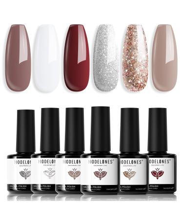 Modelones Gel Nail Polish 6 Colors Nude Gel Polish Pure White Glitter Brown Burgundy Red Champagne Gold Silver Fall Winter Nail Art Design Kit Basic Soak Off U V Gel Manicure DIY Salon at Home Gifts Nude White