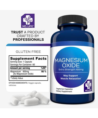 MD. Life Magnesium Oxide 400mg Capsules - High Absorption Magnesium Supplement for Leg Cramps Sleep & Vascular Health - 60 Capsules - Non-GMO Pills for Women 60 Count (Pack of 1) - Buy Online on GoSupps.com