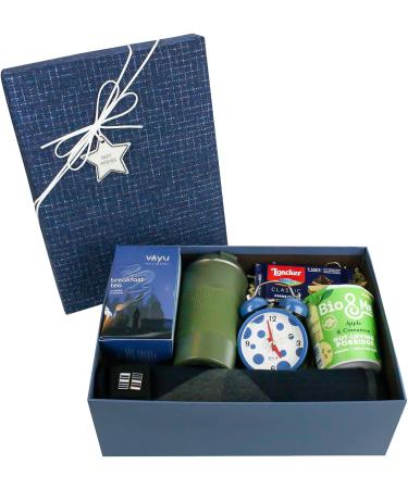 Gentleman's Morning Essentials Gift Box Hamper English Breakfast Tea Porridge Alarm Clock Biscuits Warm Scarf Cufflinks and Flask- Curated Elegance Gift Box - Buy Online on GoSupps.com