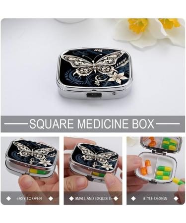 White Butterflies Tribal Print Pill Box | 2 Compartment Portable Metal Organizer for Medicine | Decorative Pocket & Purse Pill Case - Buy Online on GoSupps.com