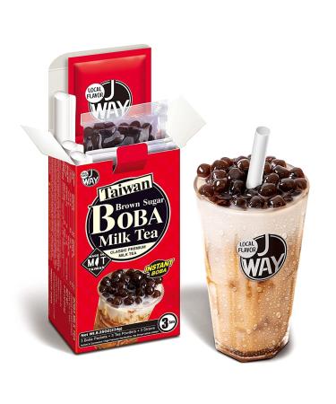 J WAY Instant Boba Bubble Pearl Milk Tea Kit with Authentic Brown Sugar Tapioca Boba, Ready in Under One Minute, Paper Straws Included - 3 Servings