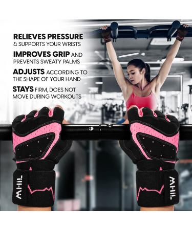 MhIL Workout Gloves with Wrist Wraps Support - Full Palm Protection for Men & Women | Weightlifting, Gym, Exercise & Training Gloves - Pink, Medium (7.5-8) - Buy Online on GoSupps.com