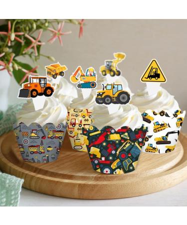 Construction Cupcake Toppers and Wrappers for Kids Set of 28pcs Digger Truck Forklift Dump Truck Tractor Excavator Car Engineering Themed for Boys Happy Birthday Baby Shower Party Supplies - Buy Online on GoSupps.com