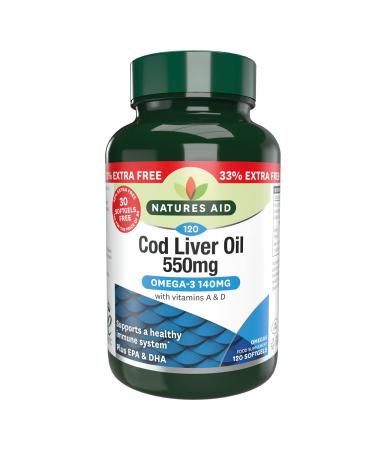 Natures Aid Cod Liver Oil 550 mg 120 Softgel Capsules (Providing 120 mg Omega-3 with Vitamins A and D For The Normal Function of the Immune System Purity Guaranteed Made in the UK)