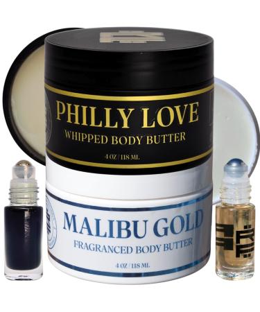 Cologne Body Butter for Men Bundle - Philly Love & Malibu Gold Sensual Scent Roller - Infused Shea Butter & Avocado Butter All-Day Fragrance Moisturizing Vitamin E Formula 4oz (2)