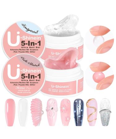 U-Shinein Set of 2 solid nail gels: 5 in 1 - Non-sticky 3D gel for artistic sculpting building and UV/LED nail extensions - Clear + almond nude