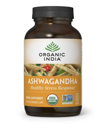 Organic India Ashwagandha Herbal Supplement - Stress Response Support, Vegan, Gluten-Free, Kosher, USDA Certified Organic, Non-GMO, Supports Mood, Endurance, Vitality & Strength - 180 Capsules 180 Count (Pack of 1)