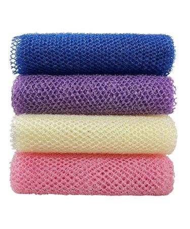 4 Pack Bath Sponge Net Body Scrubber African Exfoliating Shower Net 11.8 inch X31.5 Inch Long Body Exfoliating Brush(Pink&Blue&Purple&Beige)