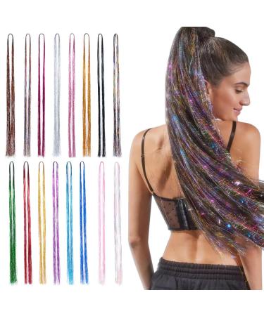 Aomig glitter hair strands 16 PCs Lametta for glitter hair tinsel hair extensions glitter glitter strands hair extension for braids fairy hair lametta hair extension party accessories 16PCs
