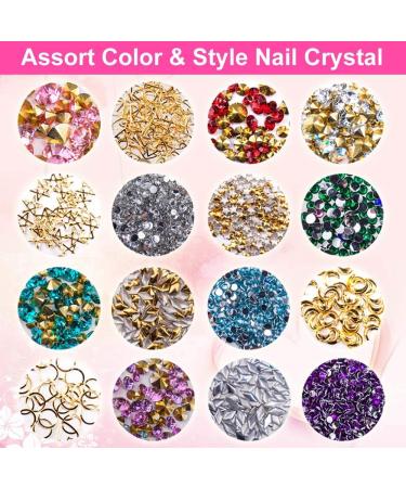 Nail Art Rhinestones Kit with Tweezers and Wax Pen - 5 Boxes Gold & Silver Metal Studs, Rivets, Crystal Gems, Colorful Diamonds - Nail Art Supplies - Buy Online on GoSupps.com