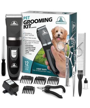 Pet Union Professional Dog Grooming Kit, Rechargeable, Cordless, Low Noise Dog Clippers for Grooming Thick Coats - Clippers, Nail Trimmer, Complete Grooming Set for Dogs, Cats, Other Pets (Gunmetal)