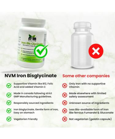 NVM Health Gentle Iron Bisglycinate with Vitamin C, B12, Folic Acid - 90 Veggie Capsules | Supports Red Blood Cell Formation & Combats Fatigue | Gluten-Free - Buy Online on GoSupps.com