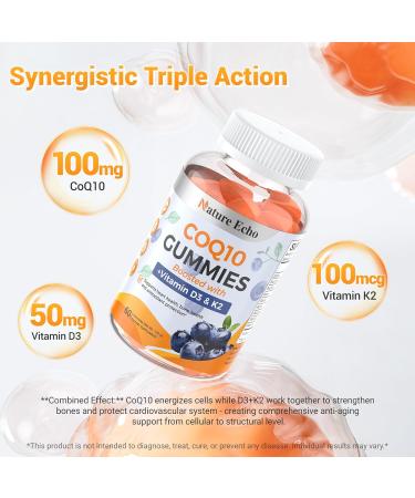 Nature Echo CoQ10 Supplement 100mg CoQ10 Gummies with Vitamin D3 & K2 Coenzyme Q10 Supplement Blueberry Flavor Sugar Free Heart Health Bone Support & Antioxidant Vegan Non-GMO 60 Gummies - Buy Online on GoSupps.com