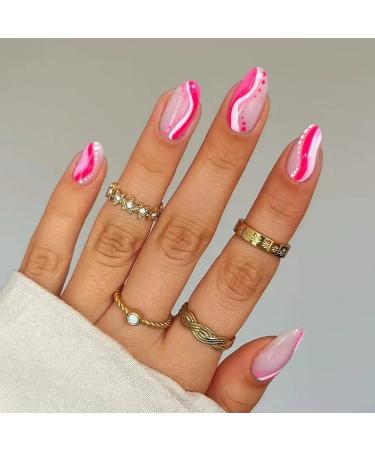 MISUD Round Press on Nails Short Fake Nails Pink Wave Point Oval Acrylic Nails Glossy Glue on Nails 24 pcs White Swirl Designs Cute False Nails Y0006 - Buy Online on GoSupps.com