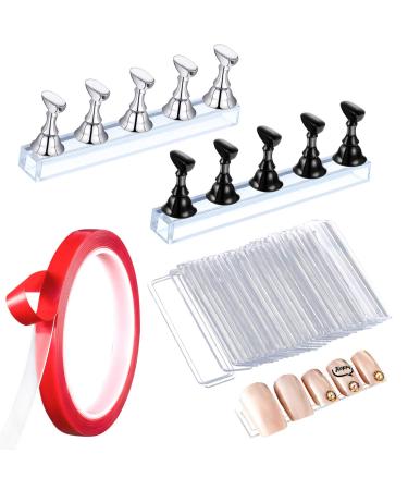 Acrylic Nail Display Stand,2 Sets Nail Practice Holder Magnetic Nail Art Tips Holders Training DIY Display Practice Stands for False Nail Tip Training Finger Display Manicure Tool (black and silver) 53 Piece Set