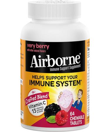 Airborne 1000mg Vitamin C Chewable Tablets with Zinc - 64 Chewable Tablets, Very Berry Flavor, Immune Support Supplement - Buy Online on GoSupps.com