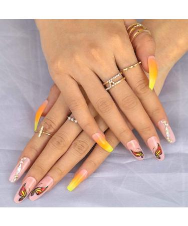 Sethexy Long Gradient Ballerina False Nails | Shiny Pink Orange Butterfly Coffin Acrylic Art Tips | 24pcs for Women & Girls - Buy Online on GoSupps.com