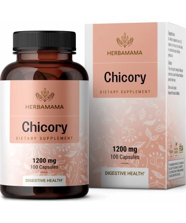 HERBAMAMA Organic Chicory Root Supplement - Supports Digestion  Gut Health  Liver  & Colon Function w/Inulin  a Prebiotic Fiber Supplement - Brain & Immune Booster - Non-GMO 100 Capsules