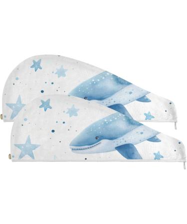 Blue Whales Star Hair Towel 2 Pack - Super Absorbent & Quick Dry Hair Turbans for Women & Girls - Buy Online on GoSupps.com