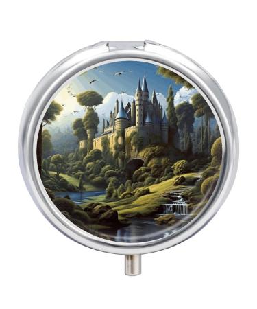 Pill Box Pill Case 3 Compartment Travel Pill Box Woods and Castle Printing Small Pill Box Portable Medicine Pill Case Pill Organizer for Purse & Pocket for Travel Handbag (Round)