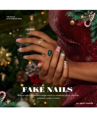 Vatocu Christmas False Nails - Short Red Press on Nails with Snowflakes, Elk, Snowman Design (24pcs) - Acrylic Stick on Nails for Women and Girls - Buy Online on GoSupps.com