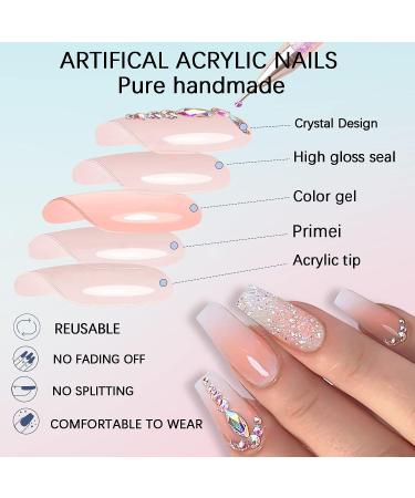 Leuhiove Glitter Gradient Pink Ballerina Press on Nails - Luxurious Crystal Gem Design for Women and Girls - Buy Online on GoSupps.com
