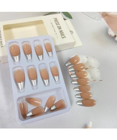 Buy Silver French Tip Press on Nails - Medium Almond Glossy Full Cover - 24 Pcs Acrylic Reusable Stick on Nails for Women & Girls - Perfect Nail Decorations - Buy Online on GoSupps.com