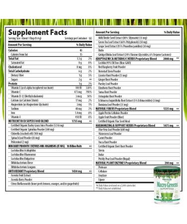MacroLife Naturals Macro Greens Powder: 38 Superfood Probiotic Antioxidant Enzyme Supplement - Immunity Energy Cleanse - Non-GMO Vegan Gluten-Free Dairy-Free - 60 Servings - Buy Online on GoSupps.com