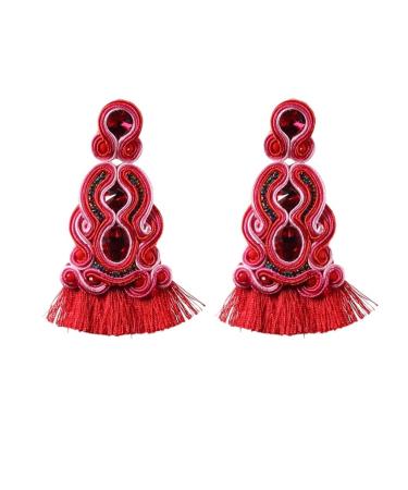 Rhaiyan fashion handmade production leather earrings jewelry fit for women soutaache ethnic style big drops earring party gifts pink (fen)