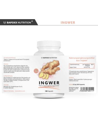 Buy BAFOXX Nutrition Ginger Capsules - 180 Vegan Capsules 300mg Ginger Powder - Natural Additive-Free - Premium German Quality for 6 Months Supply - Buy Online on GoSupps.com