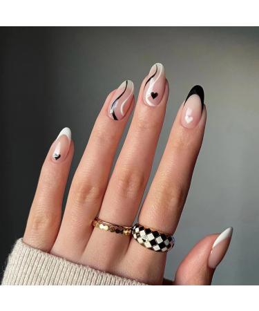 Press on Nails Medium  Almond Fake Nails Black and White Swirl False Nails Full Cover Glue on Nails French Tip Press on Nail Heart Stick on Nails Fakes Nails Glossy Acrylic Nails for Women and Girls black and white wave ...