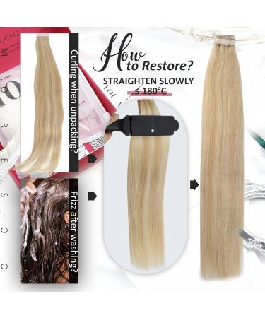 Moresoo 22 Inch Tape in Human Hair Extensions Caramel Blonde with Platinum Blonde Highlights | Skin Weft Hair Extensions 20 Pieces/50g #P14/613 - Buy Online on GoSupps.com