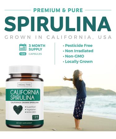 California Spirulina Capsules 500mg - 120 Vegetarian Capsules with Non-GMO Blue Green Algae Superfood - Gluten Free & Non-irradiated - Buy Online on GoSupps.com