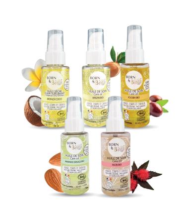 BORN TO BIO Gift Set Argan Oil + Castor + Jojoba + Almond + Monoi Multi-Use Body and Hair Care Oils Beauty Box 5 x 50 ml Certified Organic Made in France