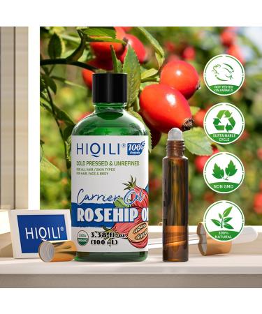 HIQILI 3.38 Fl Oz Organic Rosehip Seed Oil for Face 100% Pure and Natural Cold Pressed Carrier Oil for Skin Hair & Nails - Women & Men - Buy Online on GoSupps.com