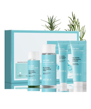 Tea Tree Acne Skin Care Kit for Oily Skin, 4 Step Acne Treatment, Refreshing Oil Control, Nourishes Skin, Travel Size with Face Cleanser
