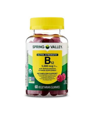 H4U Spring Valley Ultra Strength Vitamin B12 with Methylcobalamin Vitamin Supplement Vegetarian Gummies for Metabolism Support Raspberry Flavor 5000 mcg 60 Count