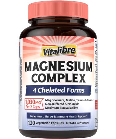 Magnesium Complex Supplement, 4 in 1 Maximized Absorption Chelated Magnesium Glycinate Malate, Taurate & Citrate, Non-Buffered, Bone, Heart, Nerve & Immune Support, 120 Vegan Capsules 120 Count (Pack of 1)