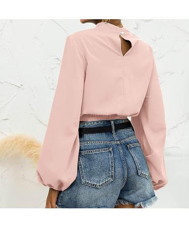 Trendy Lantern Sleeve Women's Pullover Shirt - Loose Fit Knot Front Turtleneck Sweatshirt in Solid Color - Large - A01 Pink - Buy Online on GoSupps.com