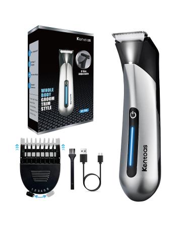 Body Hair Trimmer for Men Electric Trimmer for Men Ball Trimmer with 6 in 1 Ceramic Blade Waterproof & USB Charging Electric Hair Shaver for Men Pubic/Body/Groin Groomer LED Light No Nicks Small Silver/Black
