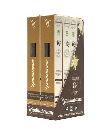 Vanillabazaar Pack of 8 bundles of 2 Grade A Bourbon Vanilla Beans (16 total) | Pack of 8 bundles of 2 Premium Grade Bourbon Vanilla Beans for Retailers | Resealable Tubes