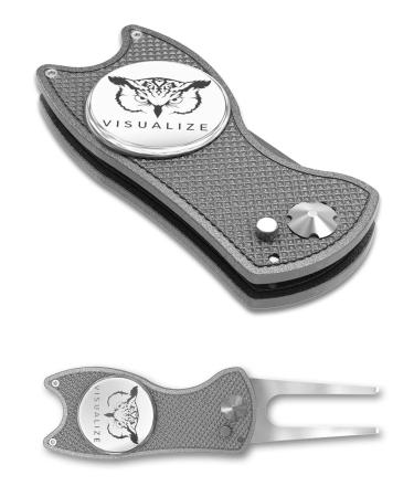 VISUALIZE Premium Golf Divot Repair Tool Kits with Ball Marker- Favorite Golf Gift Sets - Anodized Aluminum Switchblade-Style - Premium Feel & Durability Gun Metal Gray