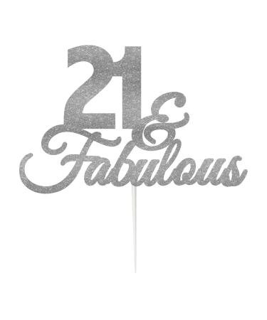LissieLou 21 & Fabulous Birthday Cake Topper Decoration Glitter Card Made in the UK - Silver