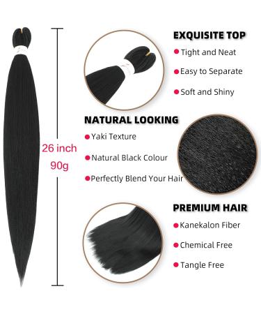 Xusuperb Pre-Stretched Braiding Hair 1B Black - 26 Inch EZ Braids Extensions (6 Packs) | Soft Yaki-Texture Kanekalon Hair for Braiding - Buy Online on GoSupps.com